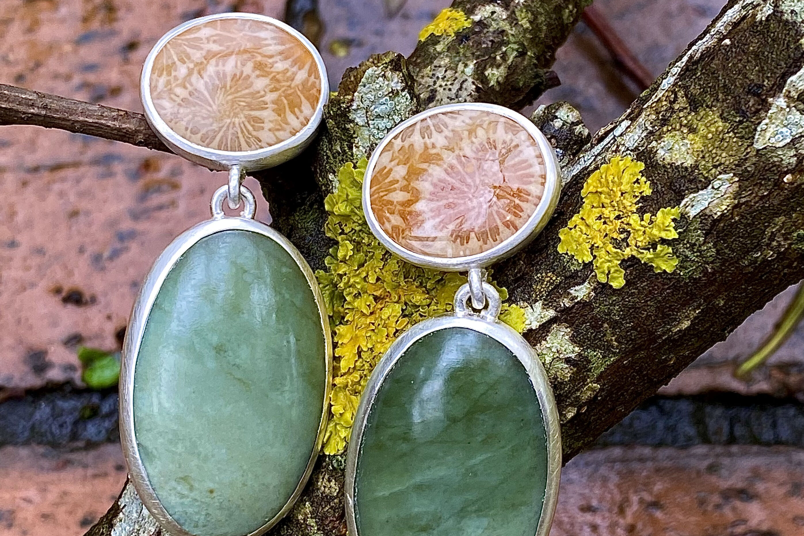 Fossilised Coral & Jade Earrings 