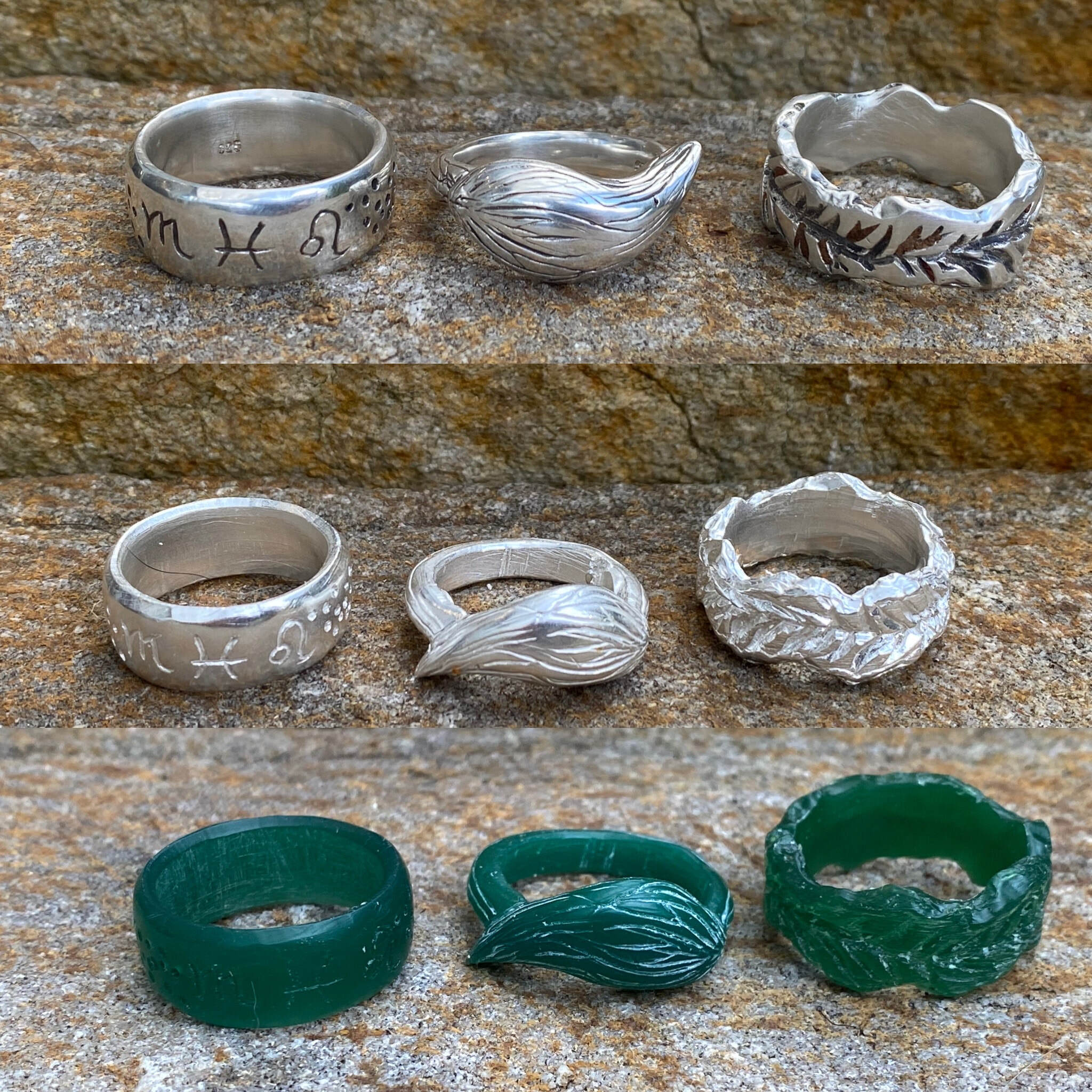This image shows the process of how a wax model is looking in silver and then how it looks the surface of the ring is finished 
